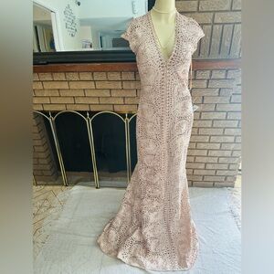 JOVANI Blush Lace Beige Maxi Dress